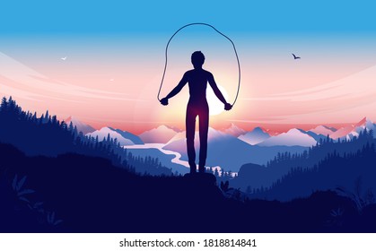 Exercise outdoors - Woman working out in nature landscape with sunrise, mountains and forest. Getting in shape, fun workout and staying healthy concept. Vector illustration.