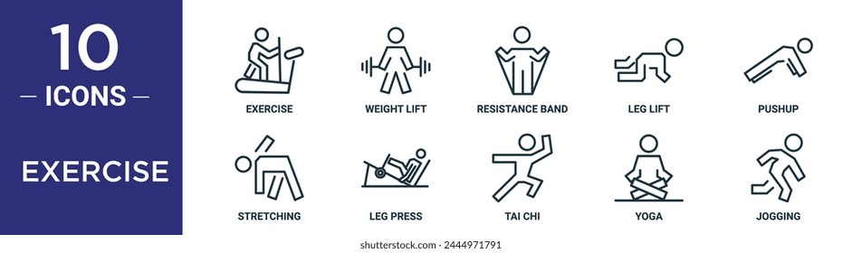 el conjunto de iconos de contorno de ejercicio incluye ejercicio de línea fina, levantamiento de pesas, banda de resistencia, levantamiento de piernas, flexión, estiramiento, iconos de prensa de piernas para informe, presentación, diagrama, Diseño web