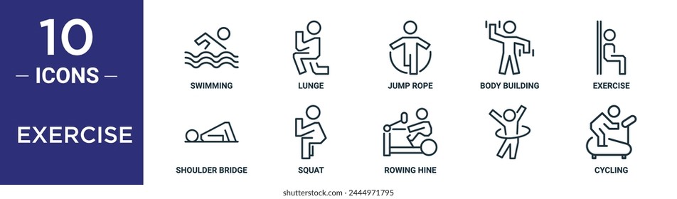 exercise outline icon set includes thin line swimming, lunge, jump rope, body building, exercise, shoulder bridge, squat icons for report, presentation, diagram, web design