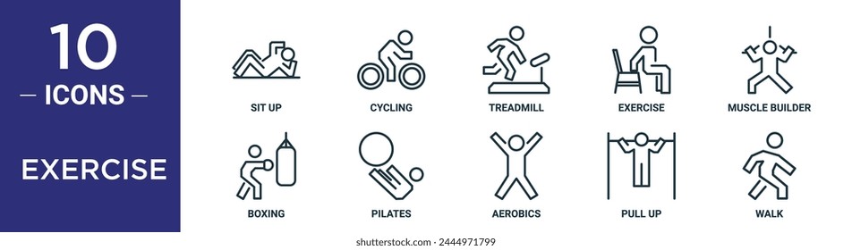 conjunto de iconos de contorno de ejercicio incluye línea delgada sentarse, ciclismo, cinta de correr, ejercicio, musculador, boxeo, pilates iconos para informe, presentación, diagrama, Diseño web