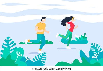 Exercise people in the park for a healthy life vector illustration, flat design. Couple together doing sports minimalist abstract style. People jogging in the city park. Participation in a charity run