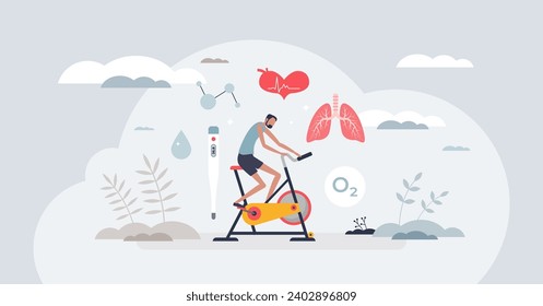 Exercise physiology as body responses to patient training tiny person concept. Health level diagnostics with respiratory system and cardiology functions vector illustration. Medical check in fitness.