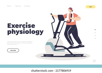 Exercise physiology concept of landing page with woman doing cardio running on elliptical machine. Young female workout in gym. Girl fitness training for lose weight. Cartoon flat vector illustration