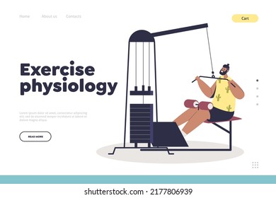 Exercise physiology concept of landing page with man training with weight equipment in gym. Male athlete doing power workout. Guy sportsman. Sport, fitness and health. Cartoon flat vector illustration