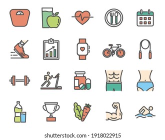 Exercise program, run, fitness, diet, gym and health fill line icons set.