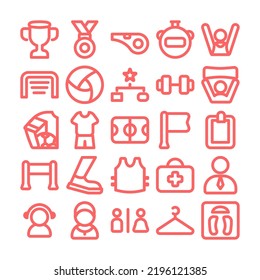 Exercise program, run, fitness, diet, gym and health 25 line icons set.