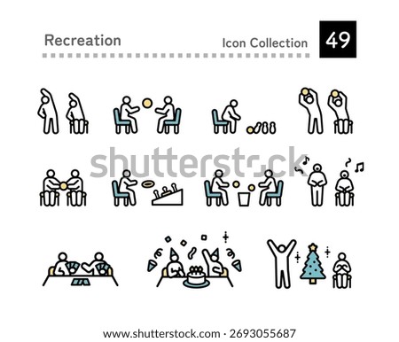 Exercise, recreation and annual events icon set for seniors