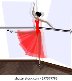 exercise room and dancing ballet dancer in red dress