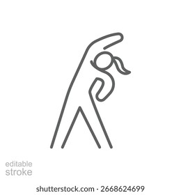 Exercise routine and fitness icon. Simple outline style. Woman stretching, physical, warm, activity, exercise, aerobic concept. Thin line symbol. Vector isolated design editable stroke