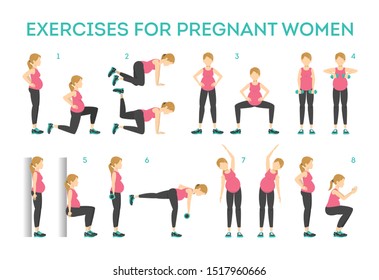 Exercise Set For Pregnant Woman. Sport During Pregnancy. Idea Of Active And Healthy Lifestyle. Isolated Vector Illustration In Cartoon Style