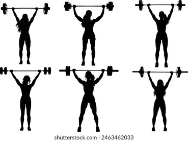 Exercise Silhouette, woman in silhouette using barbell weights fitness exercise gym equipment, Woman lifting big barbell, Woman bodybuilding silhouette vector