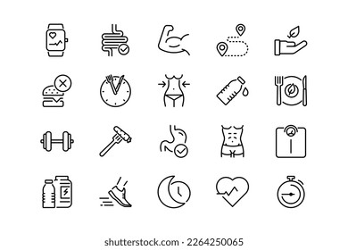 Exercise, Sleep, Diet Plan, Sports Supplements and Nutrition lines icon set. Exercise genres and attributes. Linear design. Lines with editable stroke. Isolated vector icons.