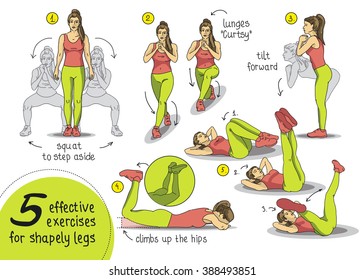 Exercise to slim legs and buttocks. Fitness, sports, girl performs exercises step by step set of exercises, Freehand drawing