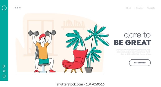 Exercise, Sport Activity Landing Page Template. Sportsman Powerlifter Training at Home with Dumbbells Sitting on Sports Bench, Male Character Workout with Weight. Linear People Vector Illustration