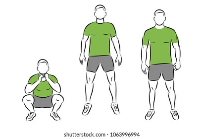 Exercise squat and jump. Man in gym sport vector illustration for web or print.