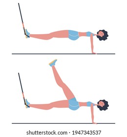 Exercise for a strong back and thin waist by a woman wearing athletic shorts. Flat Vector Illustration