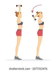 Exercise tabata, triceps chops with dumbbells done by woman wearing training suit, vector illustration, isolated on white background
