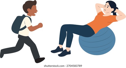 Übung Zeit Crunch, eine Frau ist ein sitzen auf einem Übungsball. Ein Junge mit Rucksack rennt im Hintergrund.