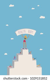 Exercise to the top of health body. Woman holding health body banner. Vector illustration exercises on the stairs to the top.