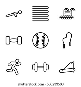 exercise vector icons. Set of 9 exercise outline icons such as towels, barbell, treadmill, push up, running, pool ladder, skipping rope