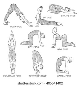 Exercise wear set vector illustration. Leotards for yoga practice. Op-art print. Women in eight different asanas. Grey background, full color linear graphic. Easy to scale.
