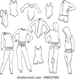 exercise wear set vector illustration. pants, , tights,  shorts, leotards, jackets, swimsuits, jumpers. Monochrome linear graphic. Cubic letters. Isolated objects - easy to transform.