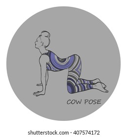 Exercise wear vector illustration. Leotard for yoga practice. Op-art print. Woman in camel pose. Grey background, full color linear graphic. Easy to scale.