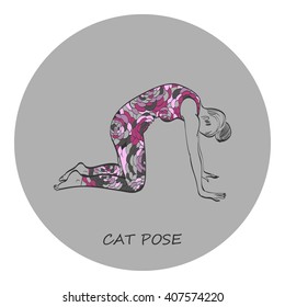 Exercise wear vector illustration. Leotard for yoga practice. Op-art print. Woman in camel pose. Grey background, full color linear graphic. Easy to scale.