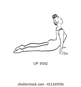 Exercise wear vector illustration. Leotard for yoga practice.  Woman in camel pose. White background,  linear graphic. Easy to scale. Isolated picture.