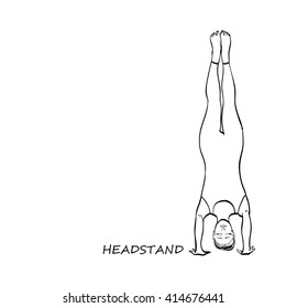 Exercise wear vector illustration. Leotard for yoga practice.  Woman in headstand pose. White background, monochrome linear graphic. Easy to scale.Isolated.