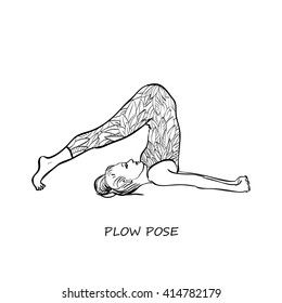 Exercise wear vector illustration. Leotard for yoga practice. Print "leaves".  Woman in plow pose. White background, monochrome linear graphic. Easy to scale.Isolated.