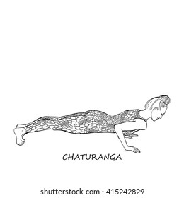 Exercise wear vector illustration. Leotard for yoga practice. Op-art print "snake skin". Woman in chaturanga pose. White background, monochrome linear graphic. Easy to scale.Isolated.