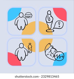 Exercise for weight loss line icon. Dumbbell, kettlebell, xxxl t-shirt, fruits, proper nutrition, diet, overweight problem. Neomorphism style. Vector line icon