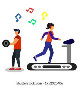 exercise while listening to music, flat illustration vector graphic