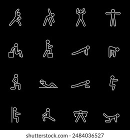 Exercise, white line icons. Physical exercises and warm-ups for maintaining muscle tone. Essential for fitness and health themes. Symbols on black background. Editable stroke.