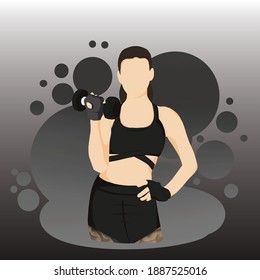 Exercise of woman with dumbbells in vector flat style on black background.