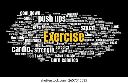 Exercise Word Cloud Featuring Keywords About Fitness, Training, Movement, and Physical Wellness