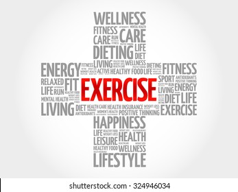 EXERCISE word cloud, health cross concept