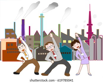 The exercise of the worker of the businessman working in a factory zone.