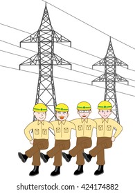 The exercise of the worker on the transmission steel tower.
