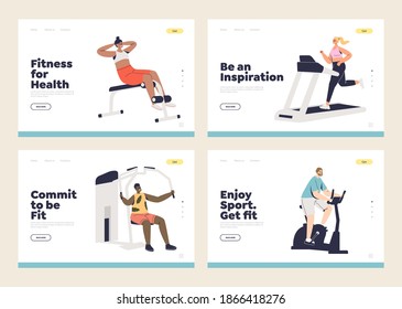 Exercise and workout concept of set of landing pages templates with fit and healthy people training in gym. Healthy lifestyle, sport and fitness. Flat vector illustration