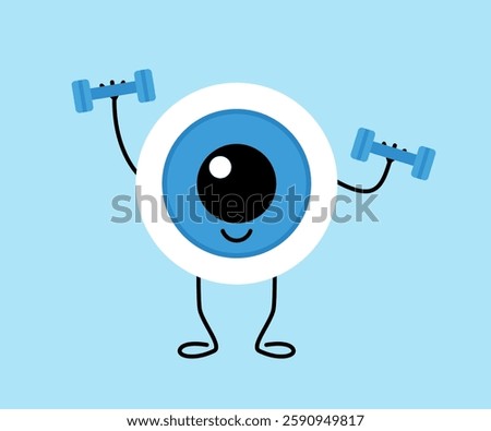 Exercise, workout with dumbbell for eye, eyeball cute character. Training eye muscles. Train your eyesight. Vector cartoon illustration