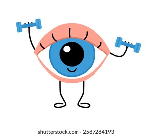 Exercise, workout with dumbbell for eyes, cute character. Training eye muscles. Train your eyesight. Vector cartoon illustration