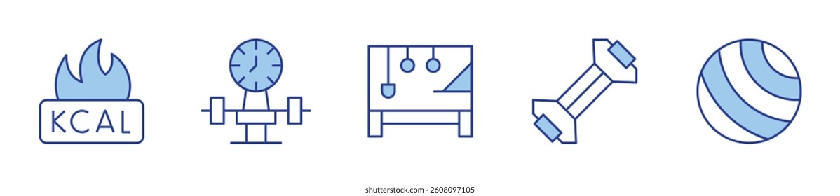exercise, yoga ball, reformer, kcal, bands. Gym Icon vector illustration. Line Duotone style. Editable stroke.