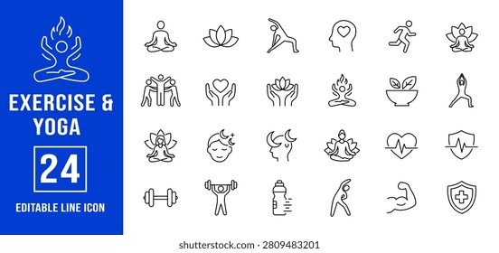 Exercise and Yoga Editable Line Icon Set, Wellness Lifestyle Vector Symbols, Fitness, Meditation, Mindfulness and Healthy Living Icons