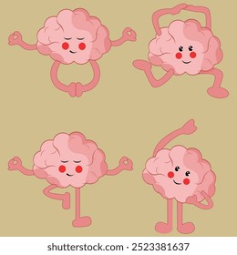 exercise, yoga, fitness, workout illustration,  Yogabrain  characters. Fitness sport posing and making gymnastics yoga exercises vector illustrations