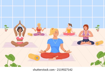 Exercise Yoga Group. Meditation Breath, Funny Aerobics, Fitness Scuola In Office Building, Activity Breathgroup, Vector Illustration. Yoga Group Exercise And Meditation, Relaxation Breathing