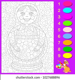 Exercise for young children. Need to color the black and white picture with Russian doll according to numbers. Vector image.