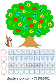 Exercise for young children. Need to count the of objects in the tree, paint the corresponding number of them and write their quantity. Vector image.