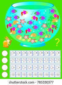 Exercise for young children. Need to count the aquarium inhabitants, paint corresponding number of them and write their quantity. Vector image.